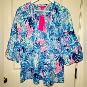 Lilly Pulitzer Hollie Linen Tunic Saltwater Blue Shade Seekers Size Small/ NWT